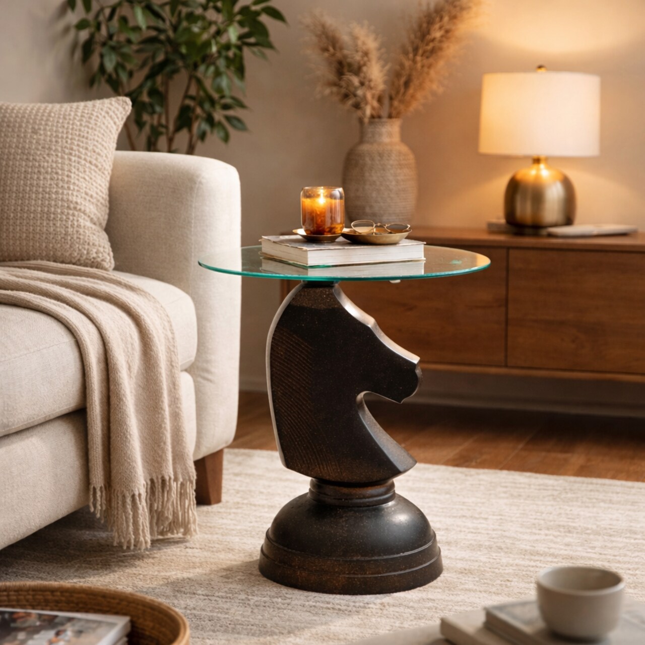 Decorative Antique Brass Finished Aluminum Hammered Horse Motif Accent Table with Glass Top – 18x18x24"| Unique Side Table